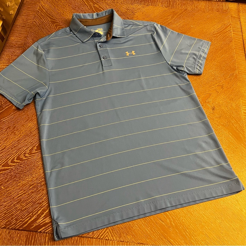 SOLD Under Armour Men Golf Blue Polo Shirt with Green Accents Heat Gear Medium